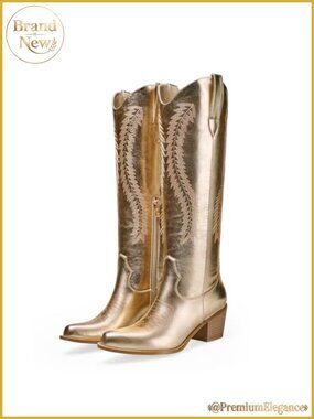 Metallic Faux Leather Knee High Cowboy Boots Embroidered Western Block Heel